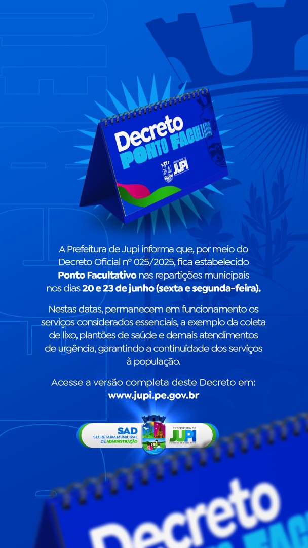Prefeitura decreta Ponto Facultativo nos dias 20 e 23 de Junho