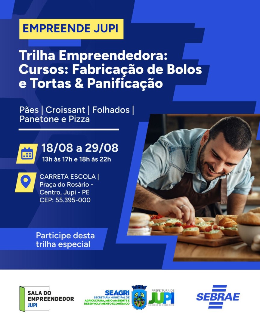 Cursos Gratuitos de Fabricação de Bolos, Tortas e Panificação em Jupi